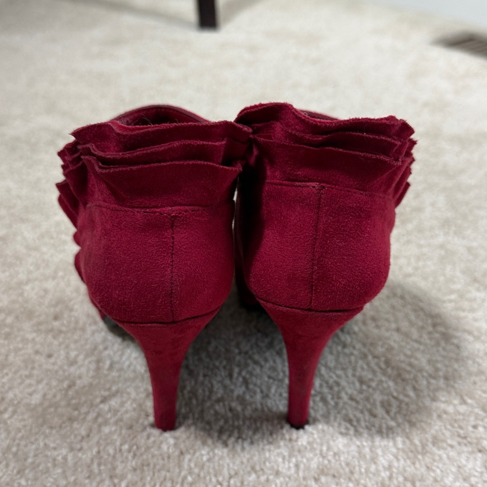 IMPO Red Faux Suede Ankle Boots with Ruffle Detail - Picture 2 of 6